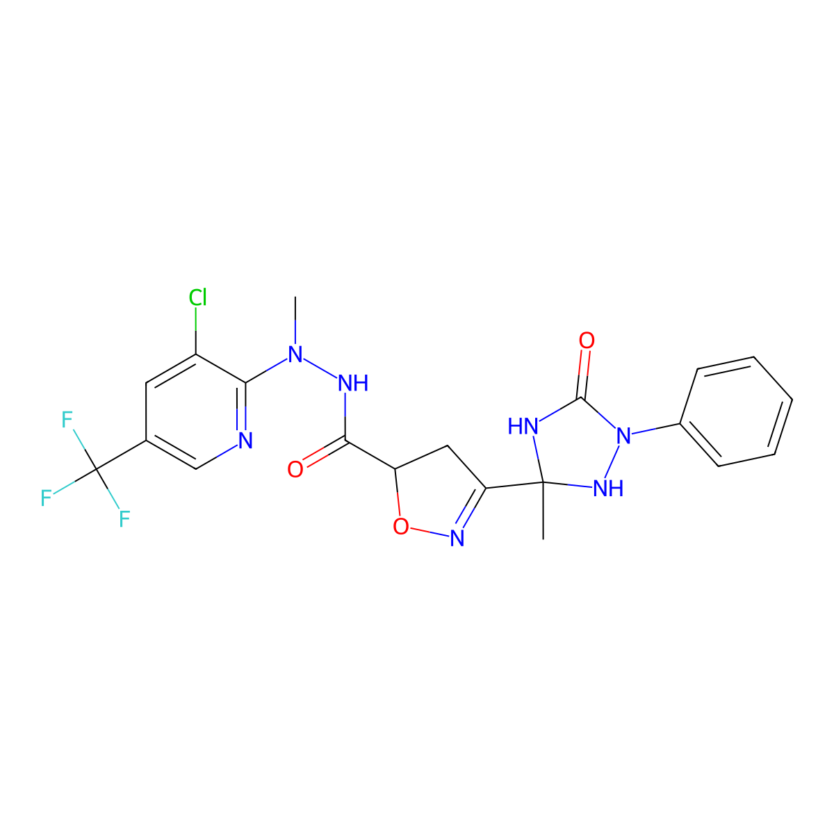 N'-[3-chloro-5-(trifluoromethyl)pyridin-2-yl]-N'-methyl-3-(3-methyl-5-oxo-1-phenyl-1,2,4-triazolidin-3-yl)-4,5-dihydro-1,2-oxazole-5-carbohydrazide molecular structure, CAS 338400-95-6