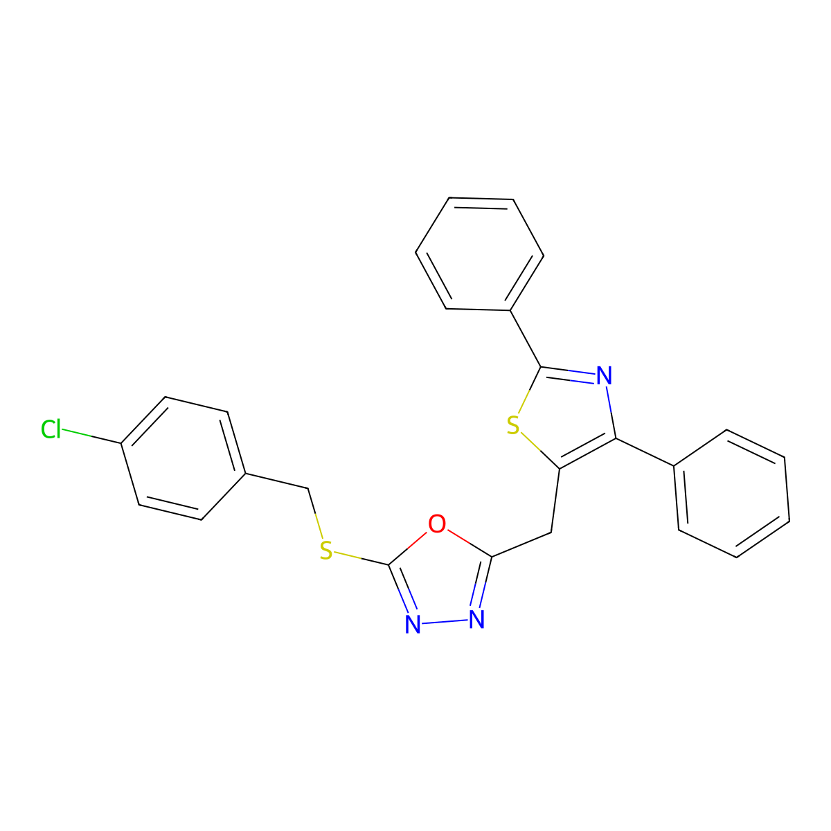 2-[(4-Chlorophenyl)methylsulfanyl]-5-[(2,4-diphenyl-1,3-thiazol-5-yl)methyl]-1,3,4-oxadiazole molecular structure, CAS 338401-66-4