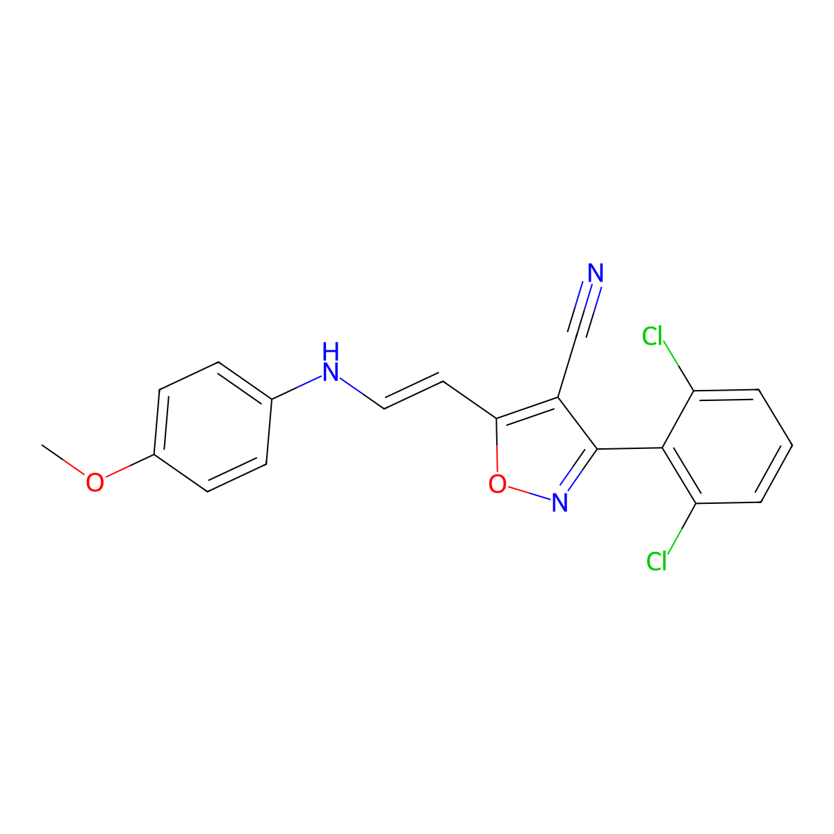 3-(2,6-Dichlorophenyl)-5-[2-(4-methoxyanilino)vinyl]-4-isoxazolecarbonitrile molecular structure, CAS 338402-68-9