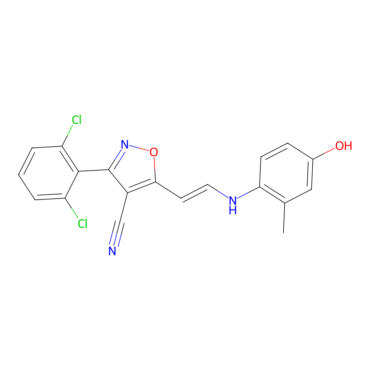 3-(2,6-Dichlorophenyl)-5-[2-(4-hydroxy-2-methylanilino)vinyl]-4-isoxazolecarbonitrile molecular structure, CAS 338402-72-5
