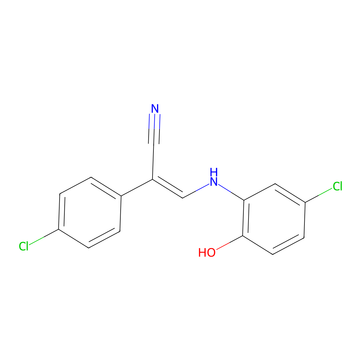 (2Z)-3-[(5-chloro-2-hydroxyphenyl)amino]-2-(4-chlorophenyl)prop-2-enenitrile molecular structure, CAS 338402-91-8
