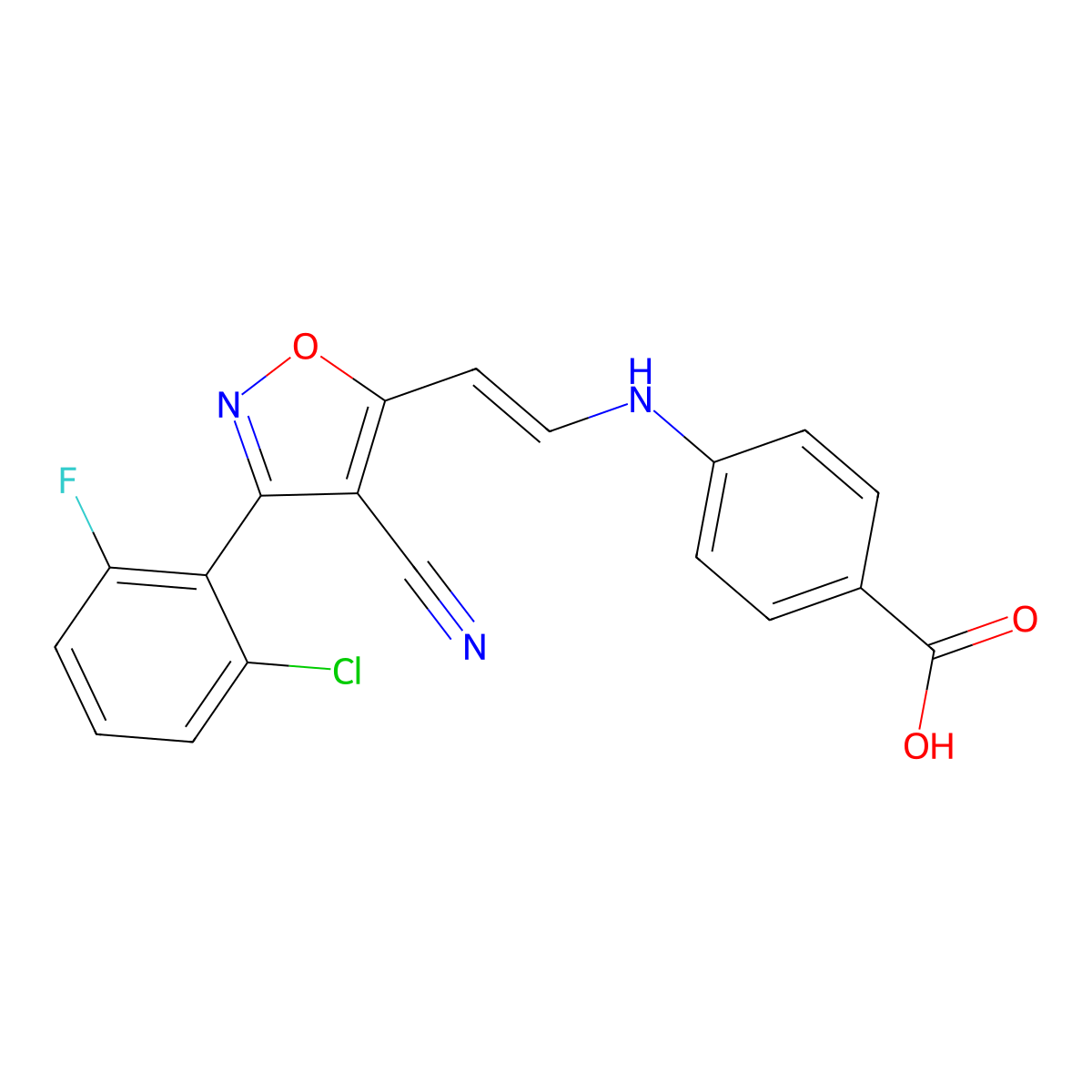 4-{[(E)-2-[3-(2-chloro-6-fluorophenyl)-4-cyano-1,2-oxazol-5-yl]ethenyl]amino}benzoic acid molecular structure, CAS 338403-15-9