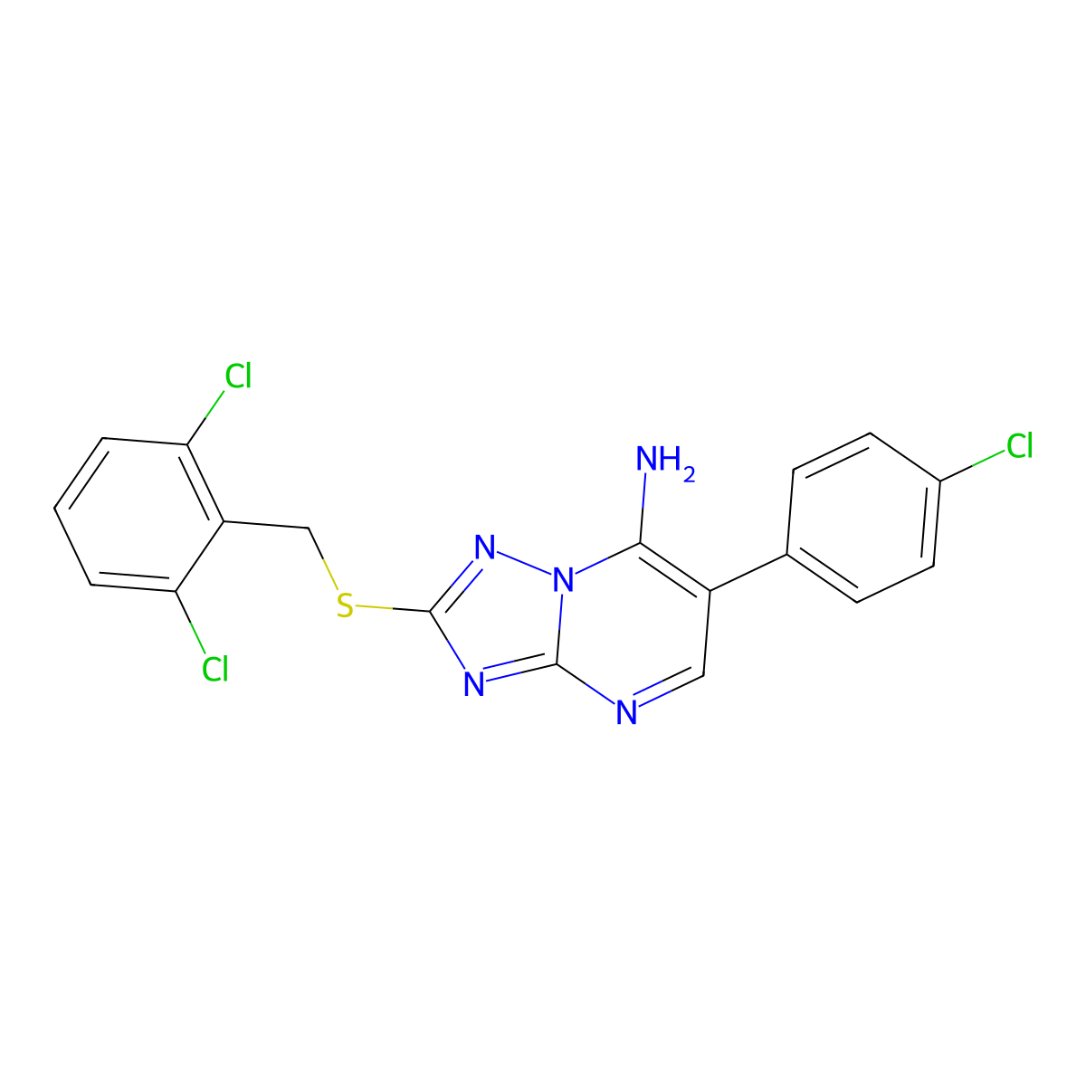 6-(4-Chlorophenyl)-2-[(2,6-dichlorobenzyl)sulfanyl][1,2,4]triazolo[1,5-a]pyrimidin-7-amine molecular structure, CAS 338403-85-3