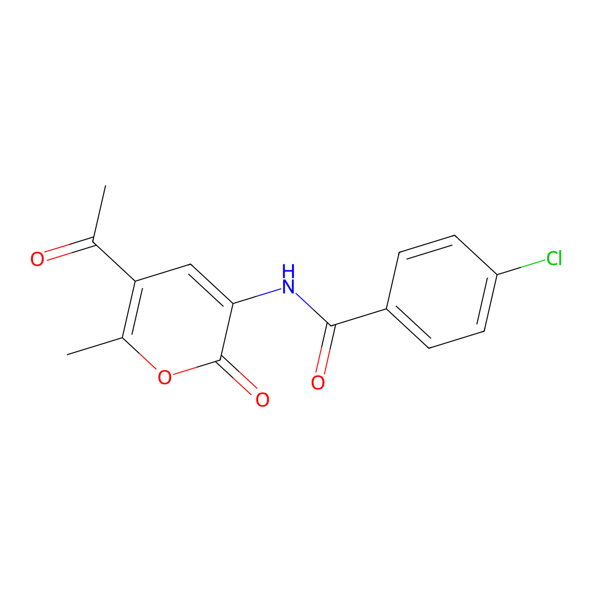 N-(5-acetyl-6-methyl-2-oxo-2H-pyran-3-yl)-4-chlorobenzenecarboxamide molecular structure, CAS 338404-93-6