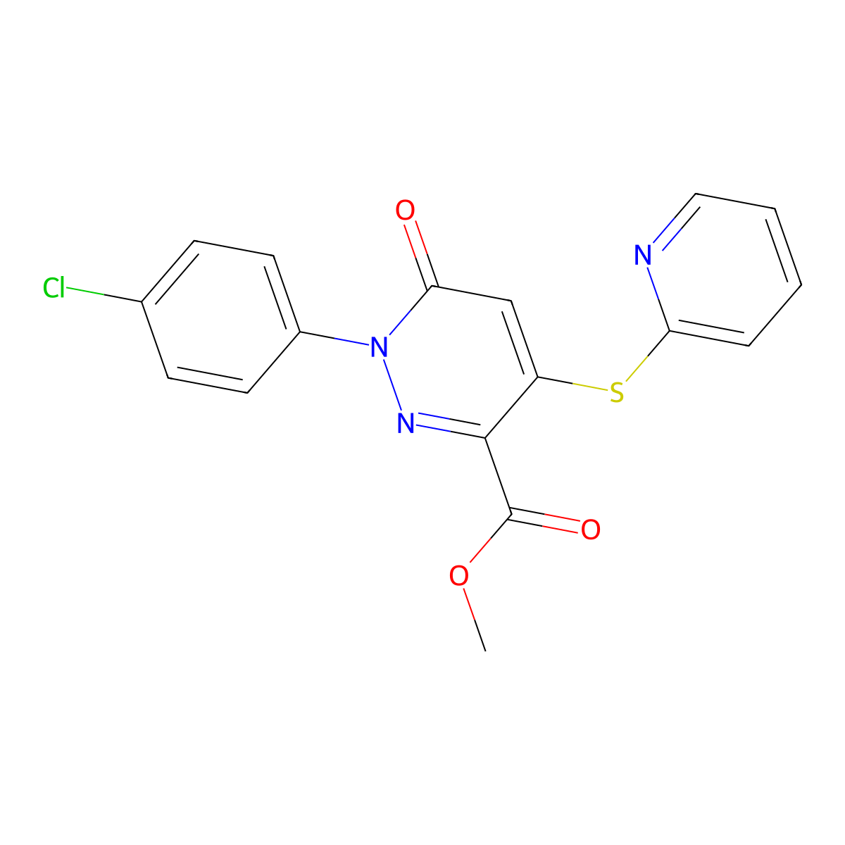 Methyl 1-(4-chlorophenyl)-6-oxo-4-(2-pyridinylsulfanyl)-1,6-dihydro-3-pyridazinecarboxylate molecular structure, CAS 338405-50-8