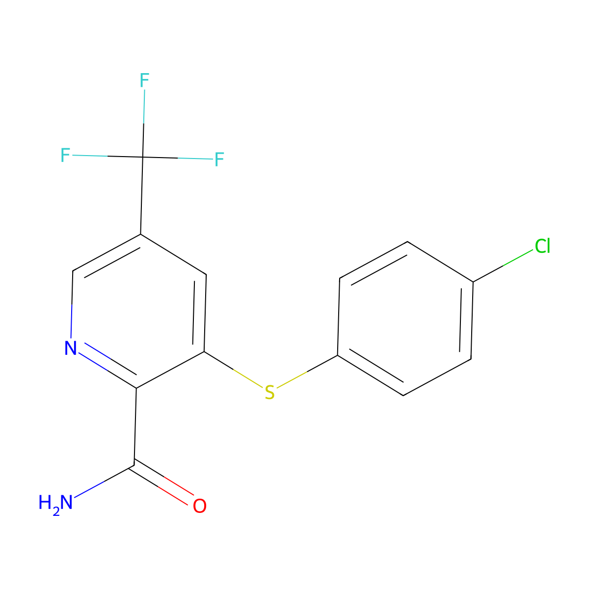 3-[(4-Chlorophenyl)sulfanyl]-5-(trifluoromethyl)-2-pyridinecarboxamide molecular structure, CAS 338406-73-8