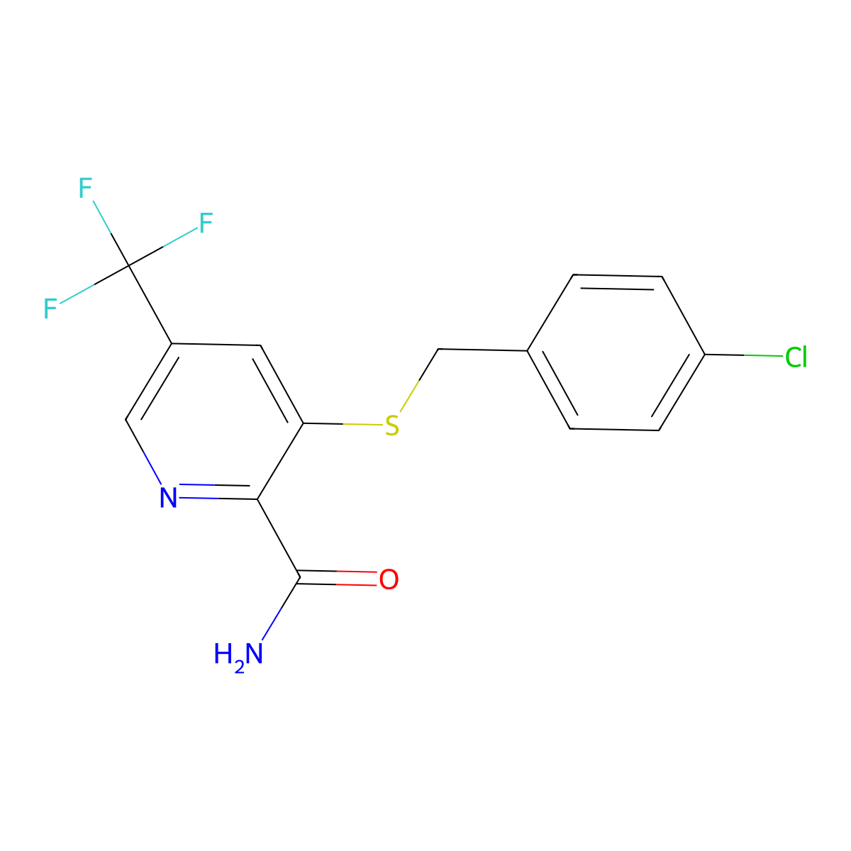 3-[(4-Chlorobenzyl)sulfanyl]-5-(trifluoromethyl)-2-pyridinecarboxamide molecular structure, CAS 338406-83-0