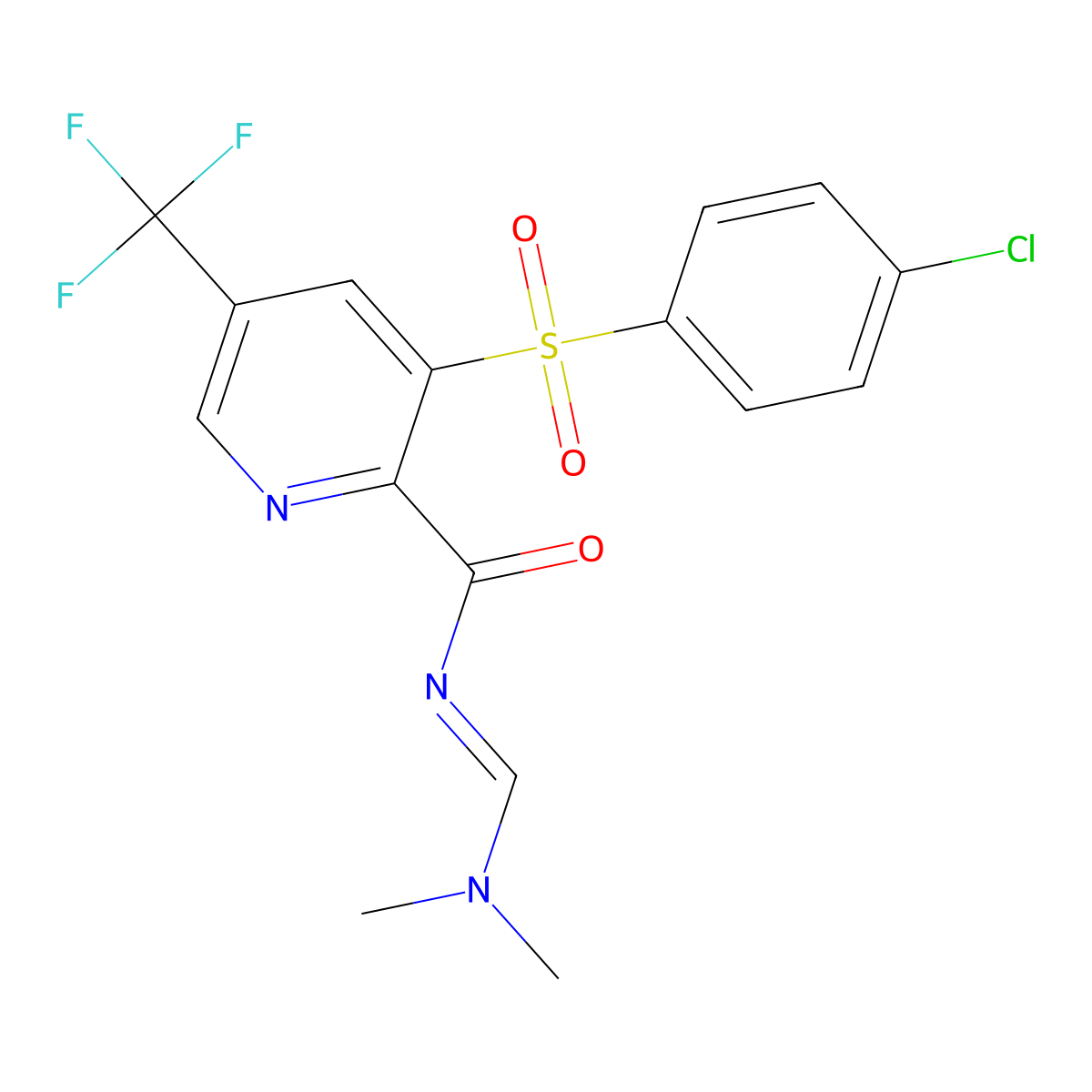 3-(4-chlorophenyl)sulfonyl-N-(dimethylaminomethylidene)-5-(trifluoromethyl)pyridine-2-carboxamide molecular structure, CAS 338407-02-6