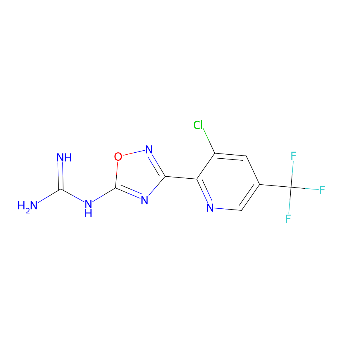 2-[3-[3-Chloro-5-(trifluoromethyl)pyridin-2-yl]-1,2,4-oxadiazol-5-yl]guanidine molecular structure, CAS 338407-16-2