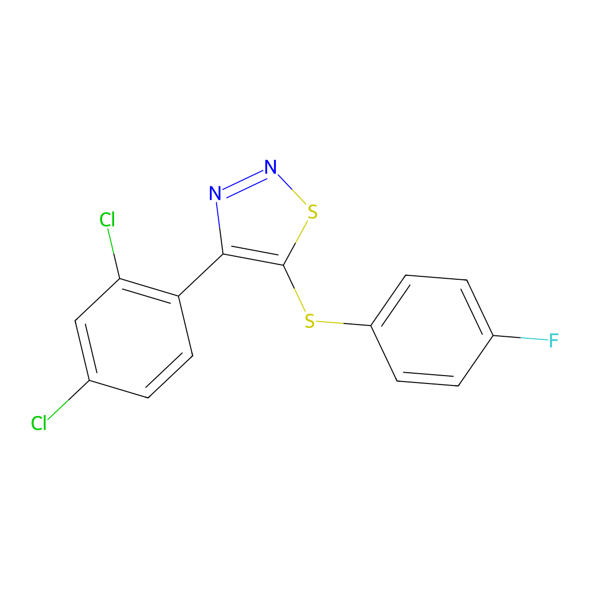 4-(2,4-Dichlorophenyl)-1,2,3-thiadiazol-5-yl 4-fluorophenyl sulfide molecular structure, CAS 338407-99-1