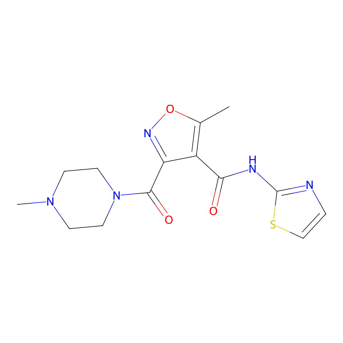 5-methyl-3-(4-methylpiperazine-1-carbonyl)-N-(1,3-thiazol-2-yl)-1,2-oxazole-4-carboxamide molecular structure, CAS 338408-91-6