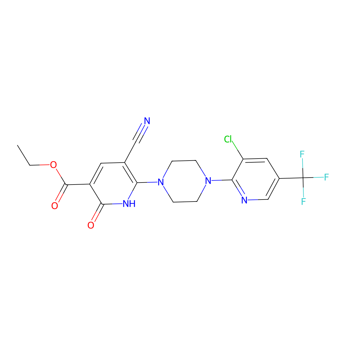 Ethyl 6-{4-[3-chloro-5-(trifluoromethyl)-2-pyridinyl]piperazino}-5-cyano-2-oxo-1,2-dihydro-3-pyridinecarboxylate molecular structure, CAS 338409-09-9