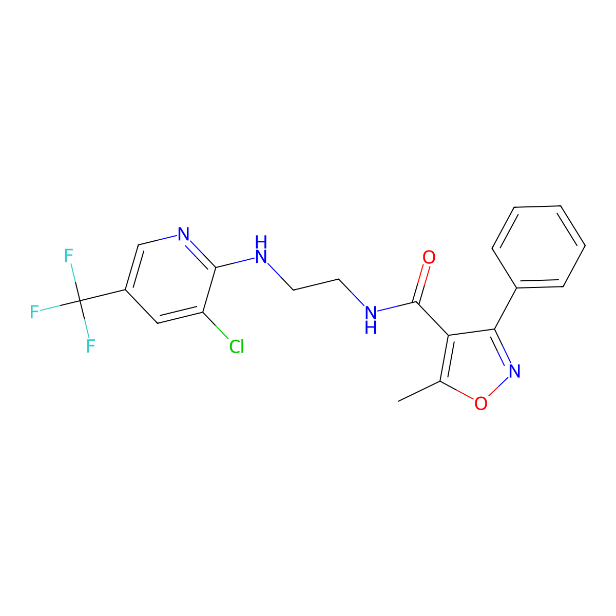 N-(2-{[3-chloro-5-(trifluoromethyl)-2-pyridinyl]amino}ethyl)-5-methyl-3-phenyl-4-isoxazolecarboxamide molecular structure, CAS 338409-34-0