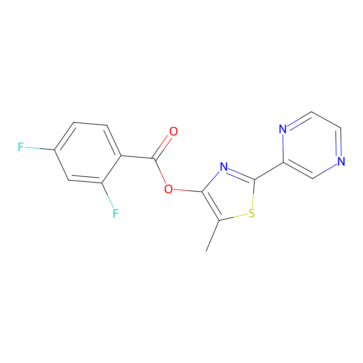 5-Methyl-2-(2-pyrazinyl)-1,3-thiazol-4-yl 2,4-difluorobenzenecarboxylate molecular structure, CAS 338409-35-1