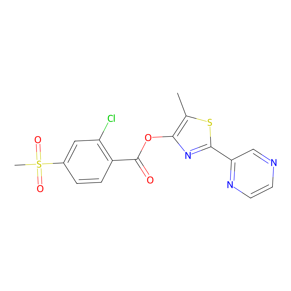 5-Methyl-2-(2-pyrazinyl)-1,3-thiazol-4-yl 2-chloro-4-(methylsulfonyl)benzenecarboxylate molecular structure, CAS 338409-41-9