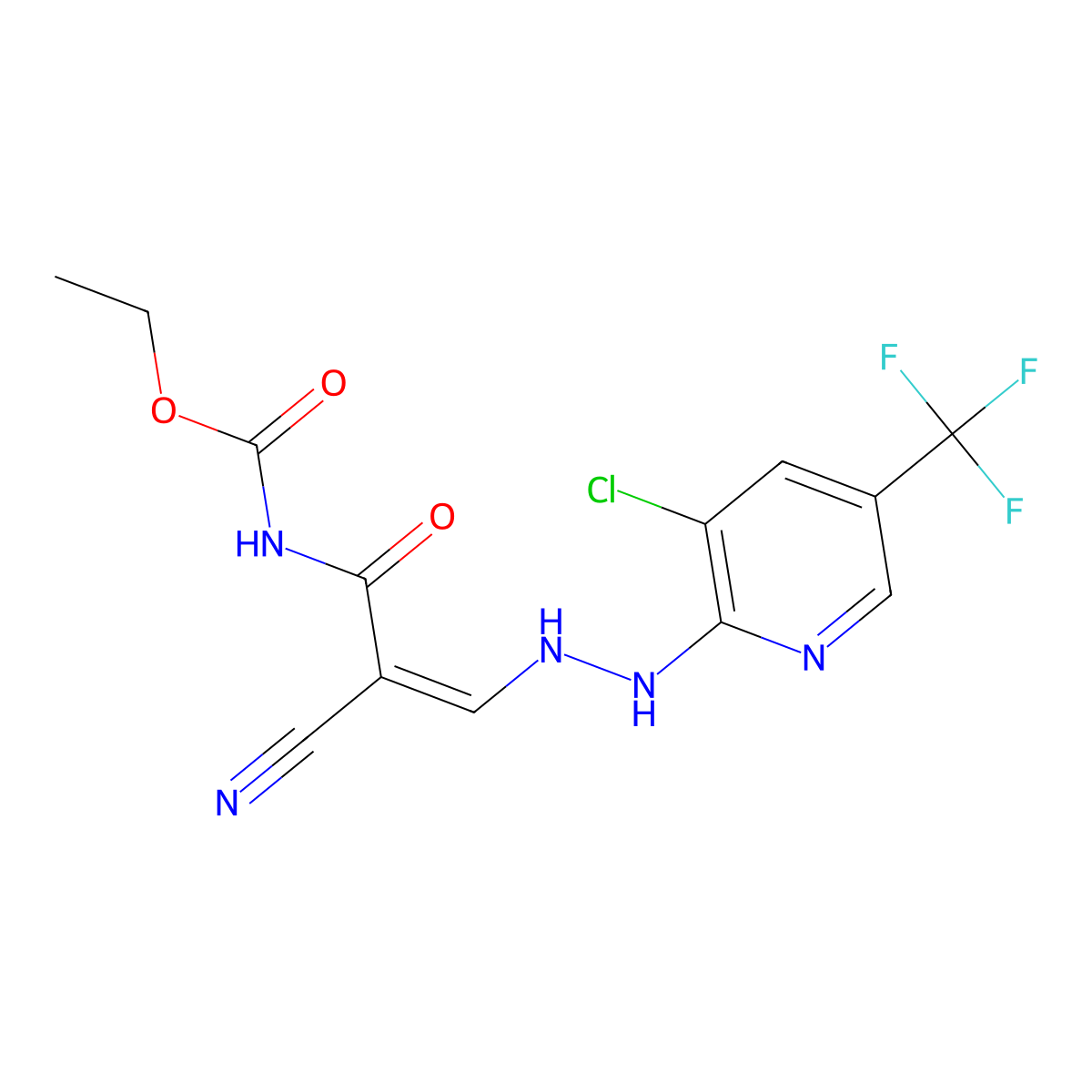 ethyl N-[3-[2-[3-chloro-5-(trifluoromethyl)pyridin-2-yl]hydrazinyl]-2-cyanoprop-2-enoyl]carbamate molecular structure, CAS 338409-50-0