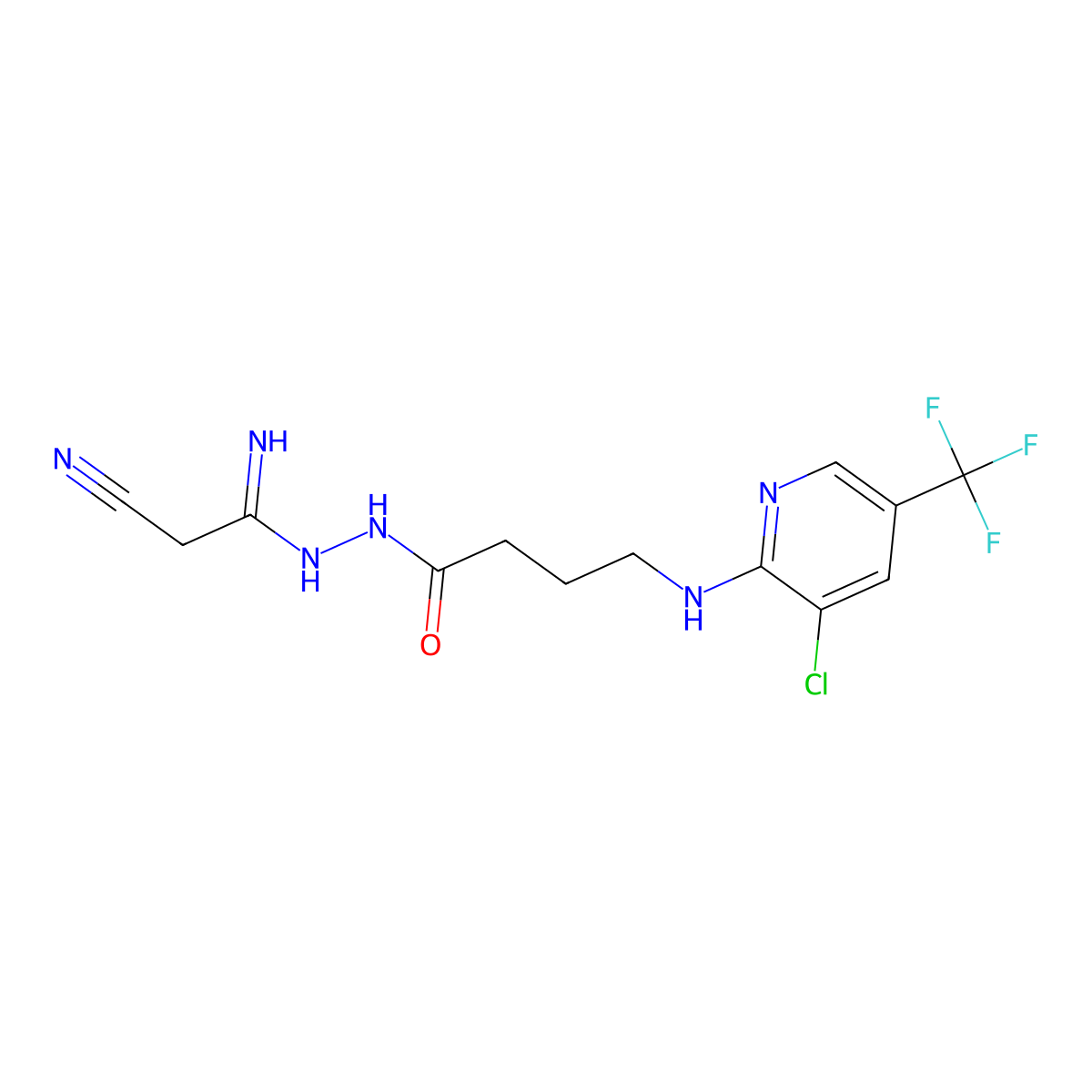 N-[(1-amino-2-cyanoethylidene)amino]-4-[[3-chloro-5-(trifluoromethyl)pyridin-2-yl]amino]butanamide molecular structure, CAS 338410-08-5