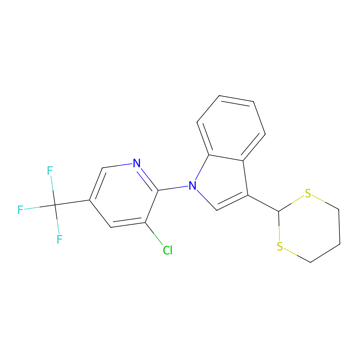 1-[3-Chloro-5-(trifluoromethyl)pyridin-2-yl]-3-(1,3-dithian-2-yl)indole molecular structure, CAS 338410-14-3