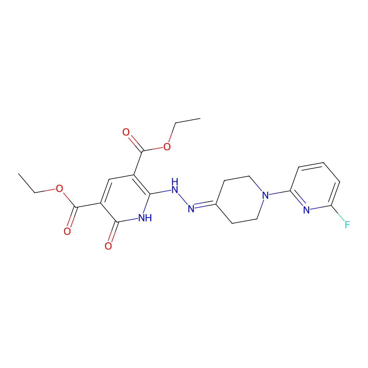 Diethyl 2-{2-[1-(6-fluoro-2-pyridinyl)-4-piperidinylidene]hydrazino}-6-hydroxy-3,5-pyridinedicarboxylate molecular structure, CAS 338410-17-6