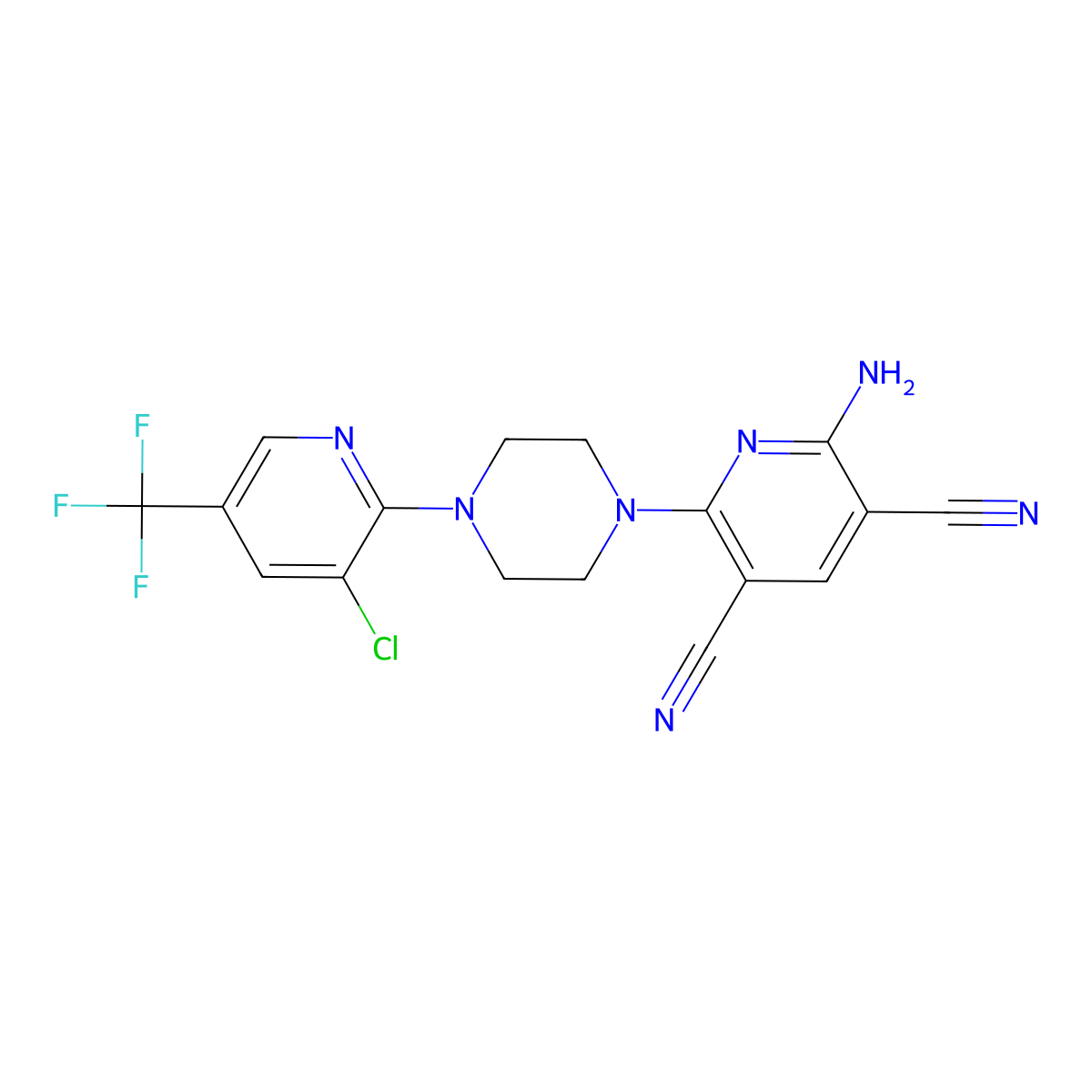 2-Amino-6-(4-(3-chloro-5-(trifluoromethyl)-2-pyridinyl)piperazino)-3,5-pyridinedicarbonitrile molecular structure, CAS 338410-24-5
