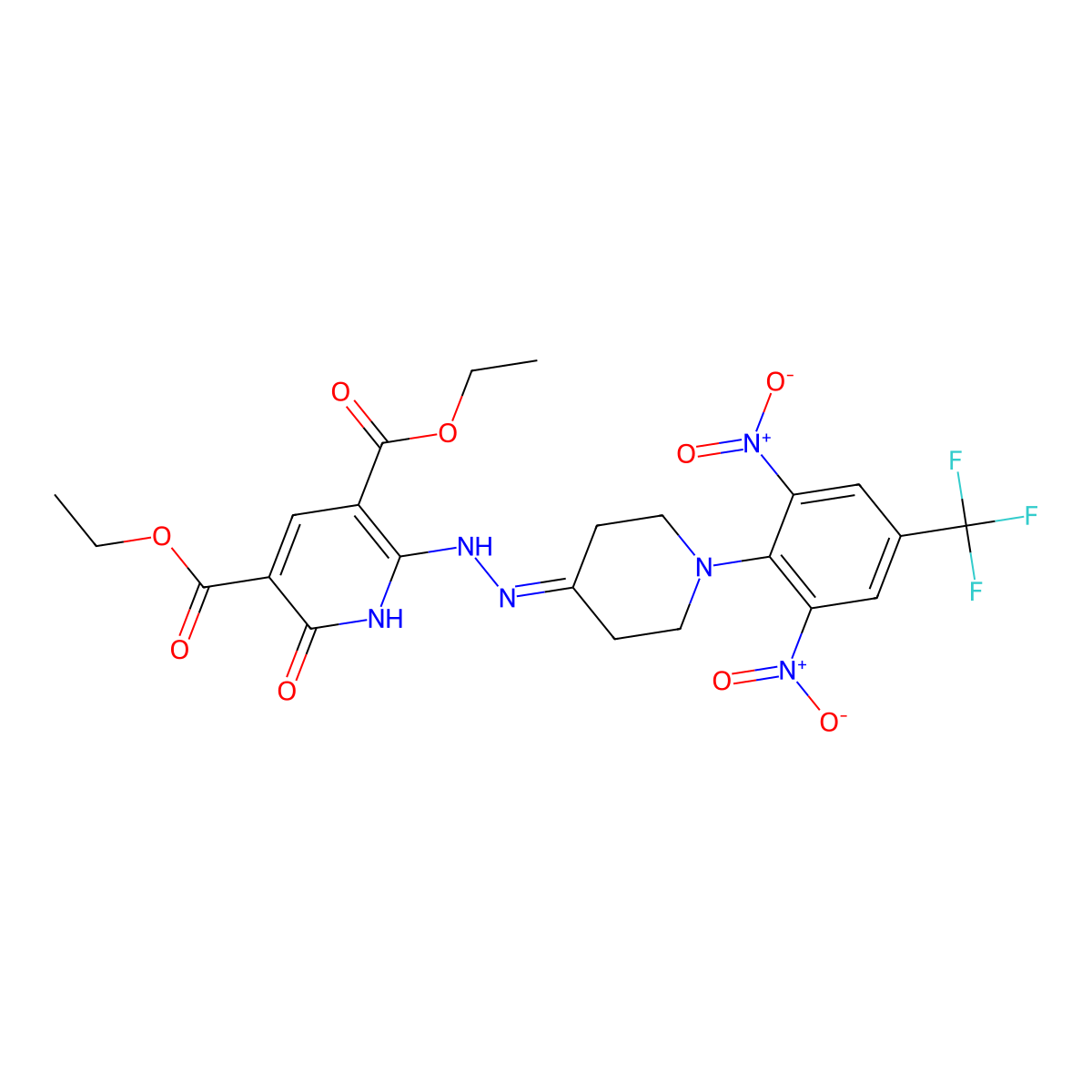 Diethyl 2-(2-{1-[2,6-dinitro-4-(trifluoromethyl)phenyl]-4-piperidinylidene}hydrazino)-6-hydroxy-3,5-pyridinedicarboxylate molecular structure, CAS 338410-27-8