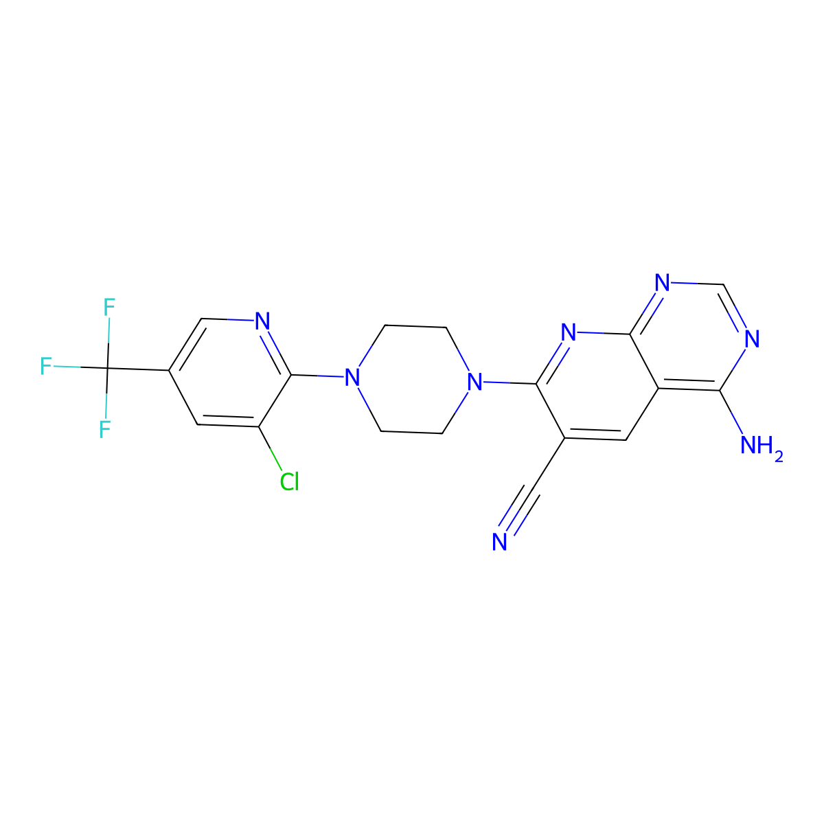 4-Amino-7-(4-(3-chloro-5-(trifluoromethyl)-2-pyridinyl)piperazino)pyrido[2,3-d]pyrimidine-6-carbonitrile molecular structure, CAS 338410-29-0