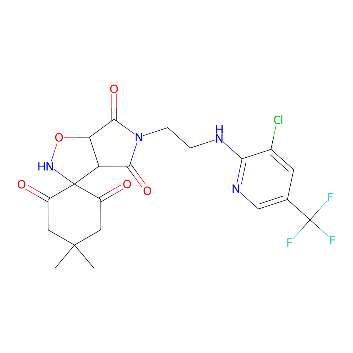 5'-(2-{[3-Chloro-5-(trifluoromethyl)pyridin-2-yl]amino}ethyl)-4,4-dimethyl-hexahydrospiro[cyclohexane-1,3'-pyrrolo[3,4-d][1,2]oxazole]-2,4',6,6'-tetrone molecular structure, CAS 338410-30-3