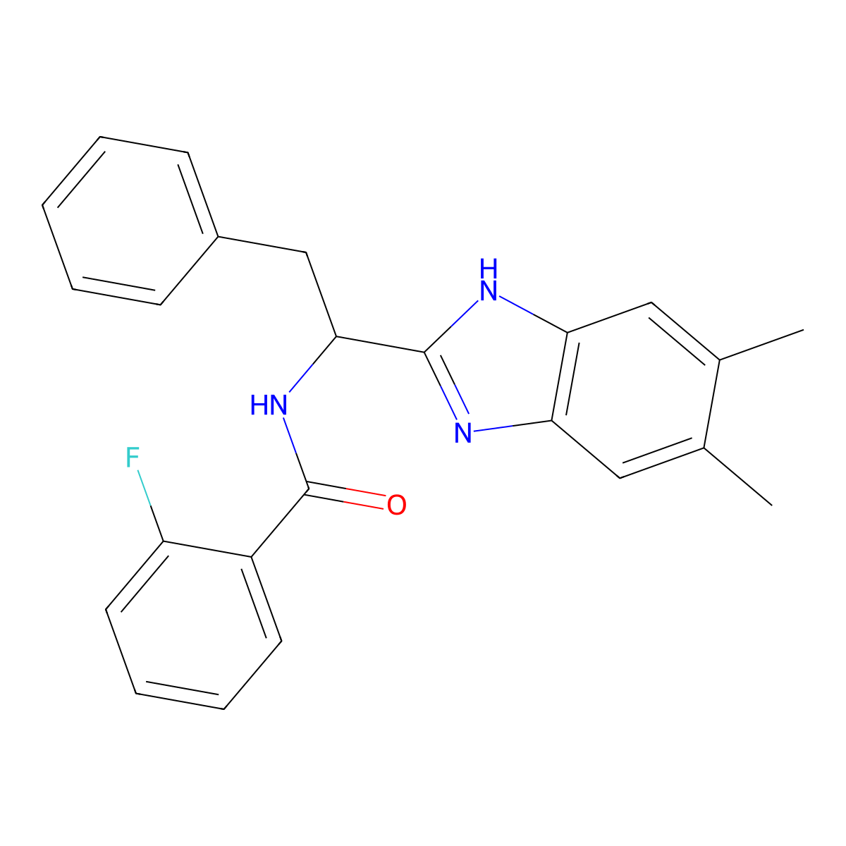 N-(1-(5,6-Dimethyl-1H-1,3-benzimidazol-2-yl)-2-phenylethyl)-2-fluorobenzenecarboxamide molecular structure, CAS 338410-76-7