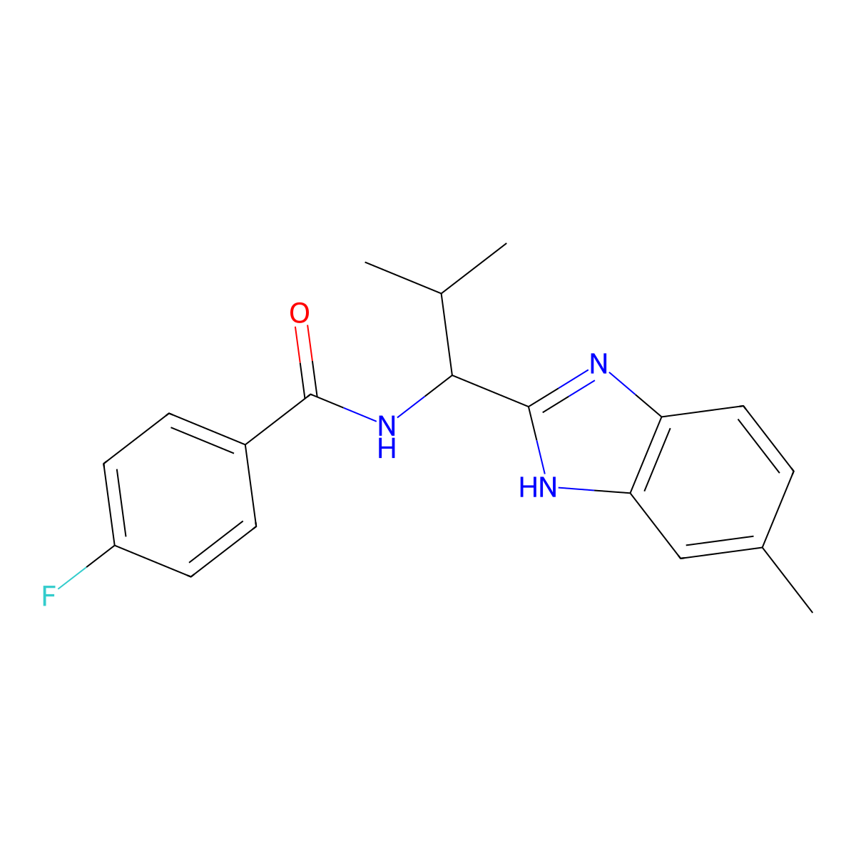 4-Fluoro-N-(2-methyl-1-(5-methyl-1H-1,3-benzimidazol-2-yl)propyl)benzenecarboxamide molecular structure, CAS 338410-88-1