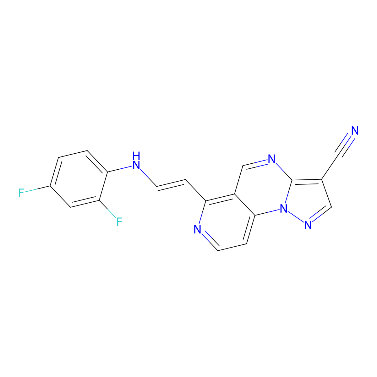 10-[(E)-2-[(2,4-difluorophenyl)amino]ethenyl]-2,3,7,11-tetraazatricyclo[7.4.0.0^{2,6}]trideca-1(9),3,5,7,10,12-hexaene-5-carbonitrile molecular structure, CAS 338411-69-1