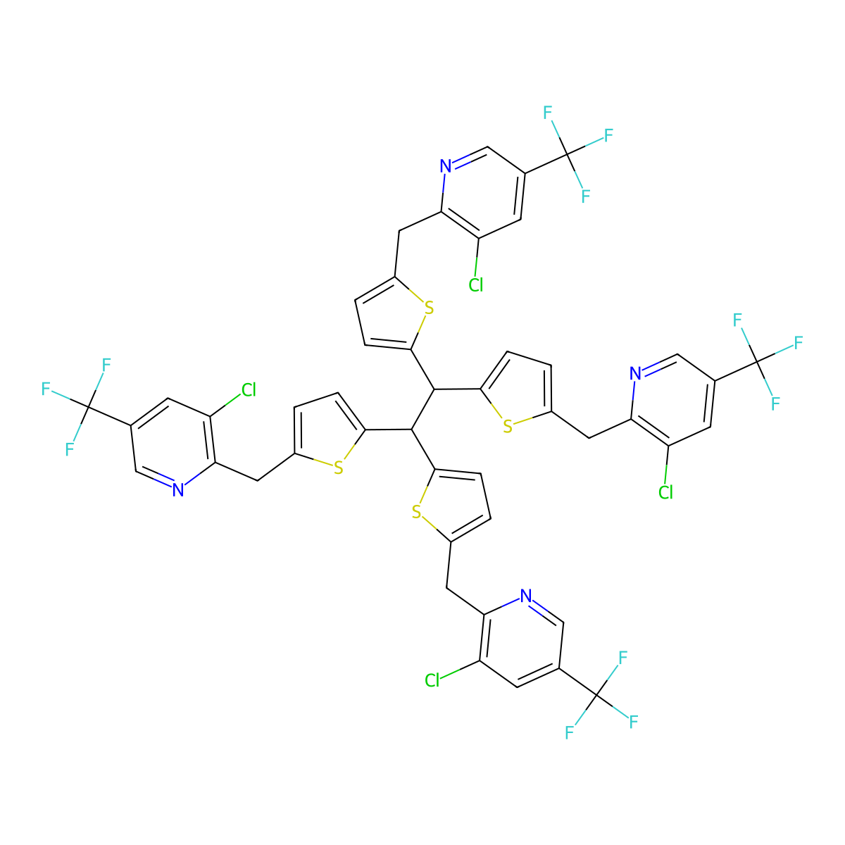 3-Chloro-5-(trifluoromethyl)-2-({5-[1,2,2-tris(5-{[3-chloro-5-(trifluoromethyl)pyridin-2-yl]methyl}thiophen-2-yl)ethyl]thiophen-2-yl}methyl)pyridine molecular structure, CAS 338411-93-1