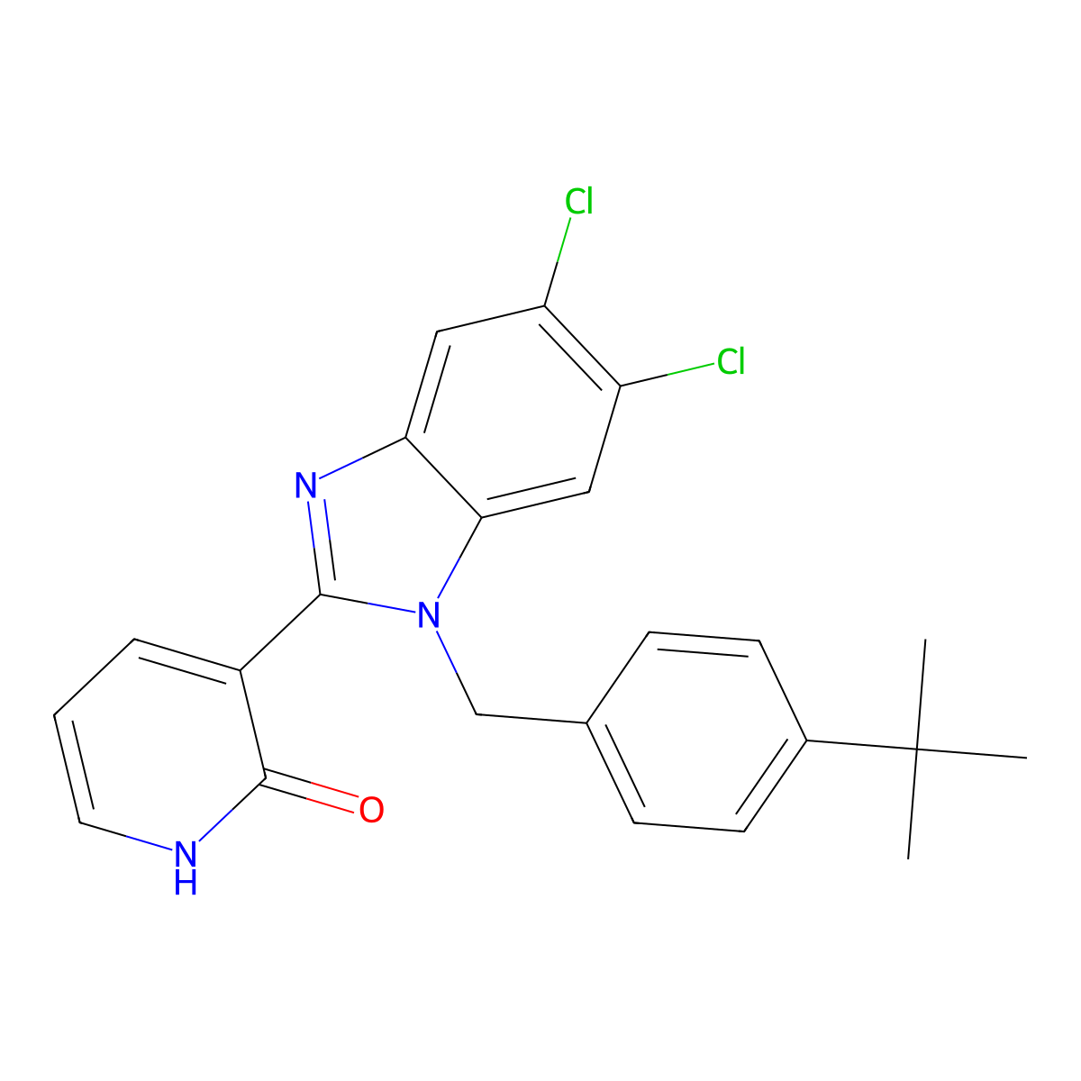3-{1-[4-(tert-butyl)benzyl]-5,6-dichloro-1H-1,3-benzimidazol-2-yl}-2(1H)-pyridinone molecular structure, CAS 338412-02-5