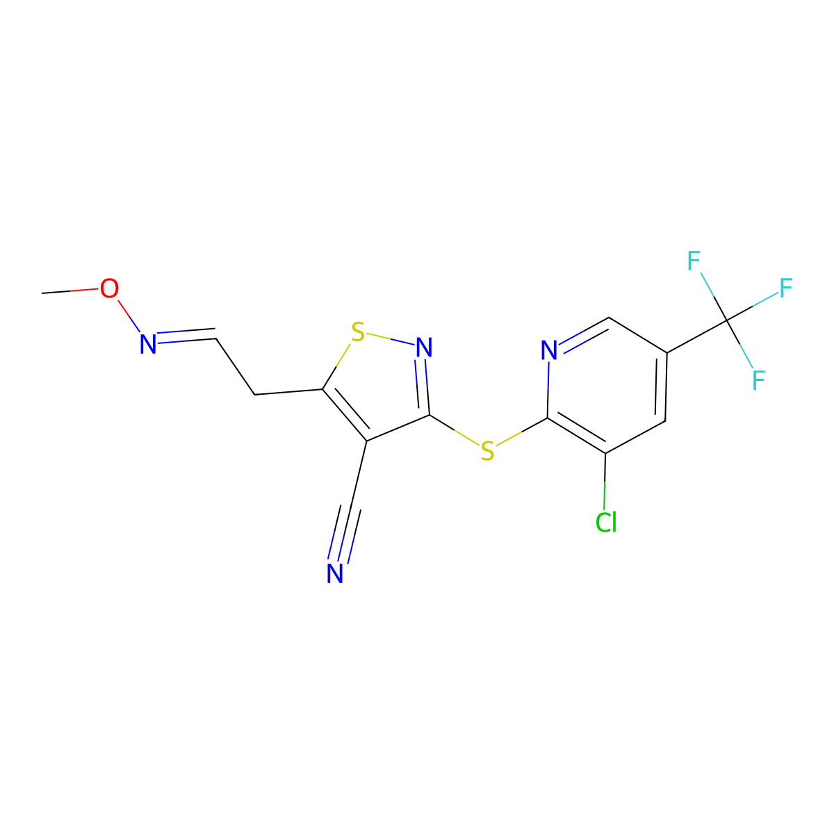 3-[[3-Chloro-5-(trifluoromethyl)-2-pyridinyl]sulfanyl]-5-(2-methoxyiminoethyl)-1,2-thiazole-4-carbonitrile molecular structure, CAS 338413-08-4