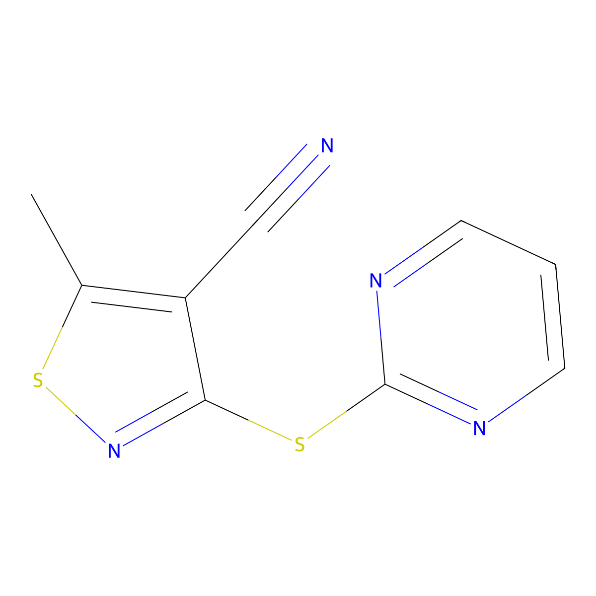 5-Methyl-3-(2-pyrimidinylsulfanyl)-4-isothiazolecarbonitrile molecular structure, CAS 338413-23-3