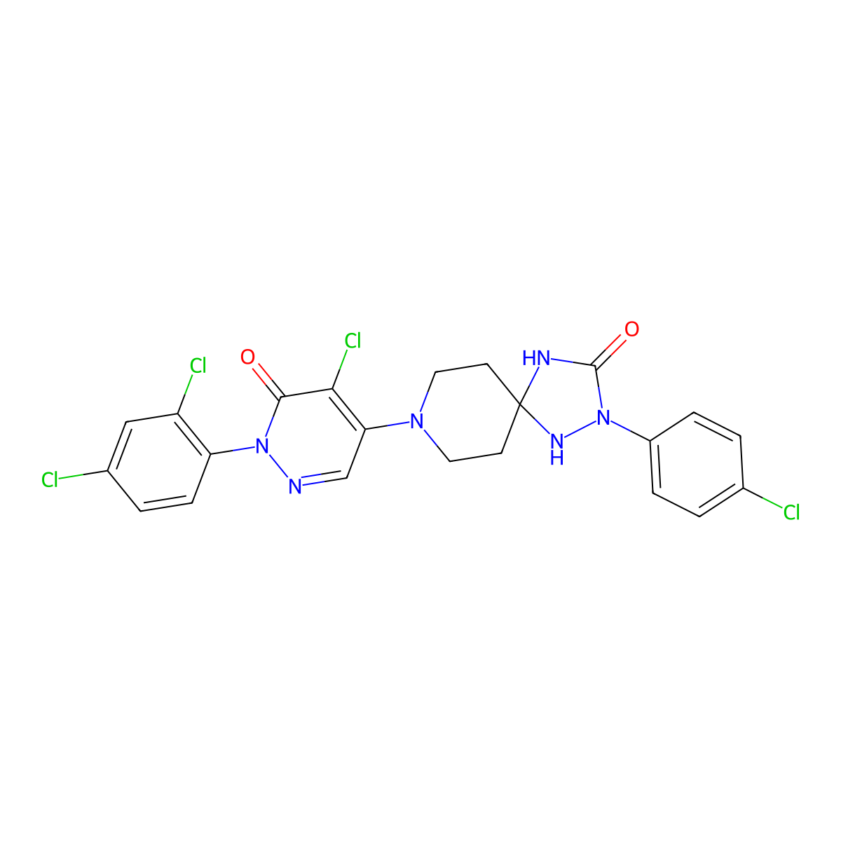 8-(5-Chloro-1-(2,4-dichlorophenyl)-6-oxo-1,6-dihydro-4-pyridazinyl)-2-(4-chlorophenyl)-1,2,4,8-tetraazaspiro(4.5)decan-3-one molecular structure, CAS 338413-88-0