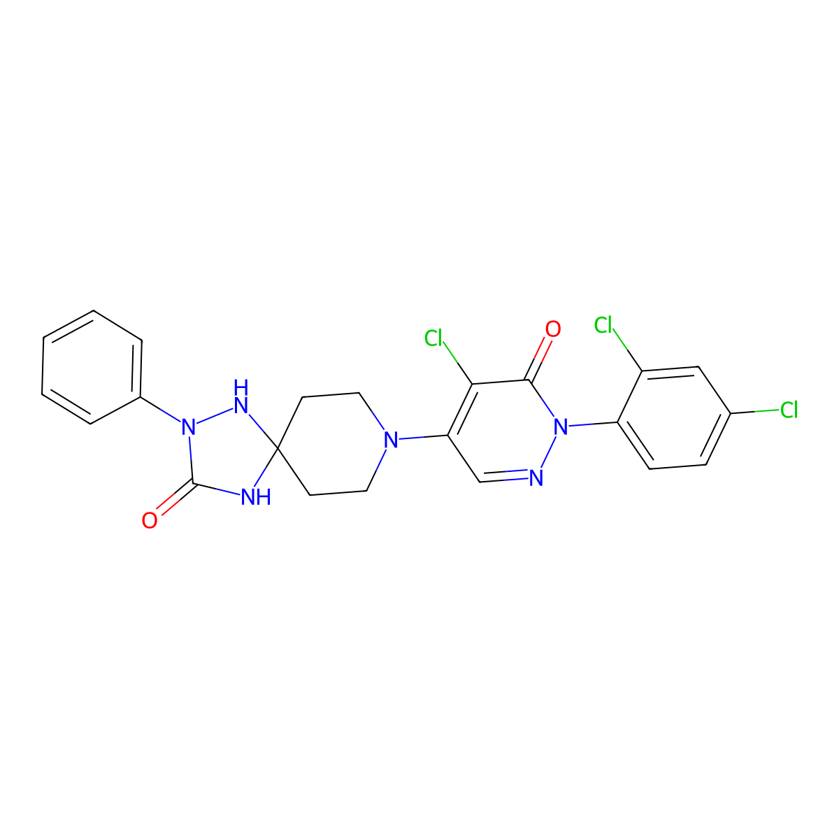 8-(5-Chloro-1-(2,4-dichlorophenyl)-6-oxo-1,6-dihydro-4-pyridazinyl)-2-phenyl-1,2,4,8-tetraazaspiro(4.5)decan-3-one molecular structure, CAS 338413-92-6