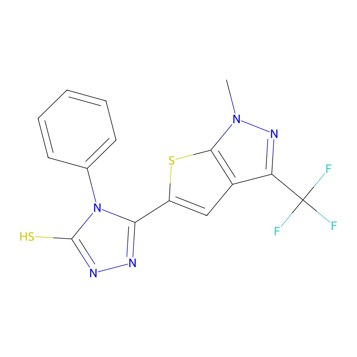 5-[1-methyl-3-(trifluoromethyl)-1H-thieno[2,3-c]pyrazol-5-yl]-4-phenyl-4H-1,2,4-triazole-3-thiol molecular structure, CAS 338414-85-0