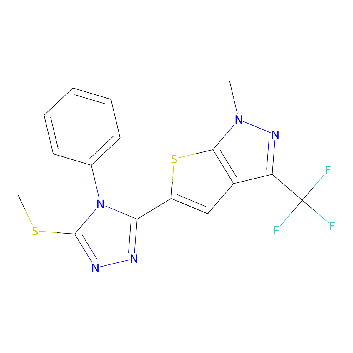 1-methyl-5-[5-(methylsulfanyl)-4-phenyl-4H-1,2,4-triazol-3-yl]-3-(trifluoromethyl)-1H-thieno[2,3-c]pyrazole molecular structure, CAS 338414-86-1