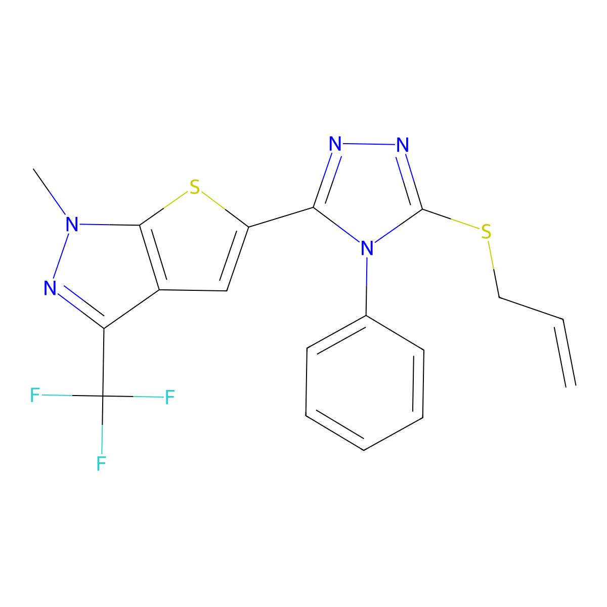 5-[5-(allylsulfanyl)-4-phenyl-4H-1,2,4-triazol-3-yl]-1-methyl-3-(trifluoromethyl)-1H-thieno[2,3-c]pyrazole molecular structure, CAS 338414-87-2