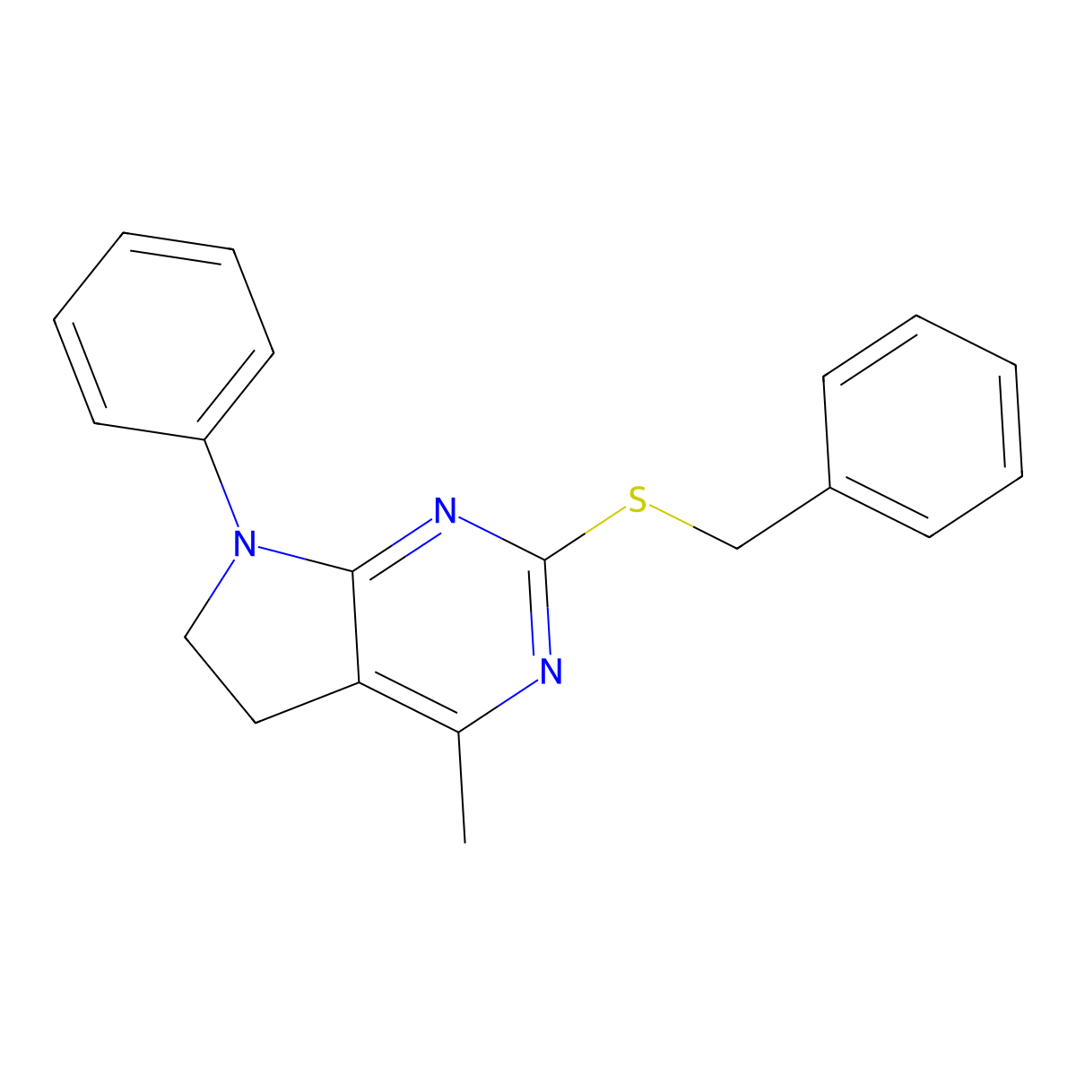 2-(benzylsulfanyl)-4-methyl-7-phenyl-6,7-dihydro-5H-pyrrolo[2,3-d]pyrimidine molecular structure, CAS 338415-97-7