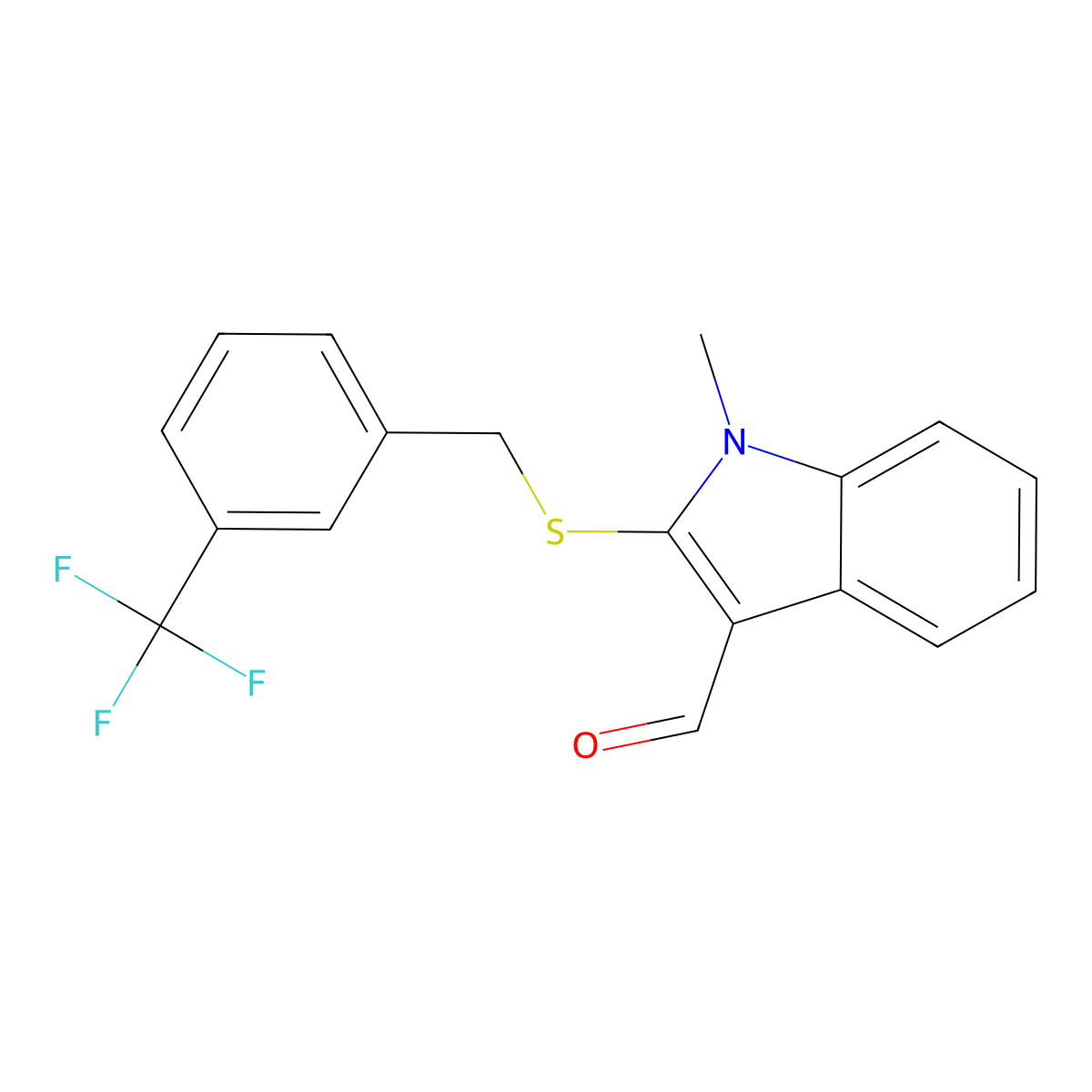 1-methyl-2-{[3-(trifluoromethyl)benzyl]sulfanyl}-1H-indole-3-carbaldehyde molecular structure, CAS 338416-41-4