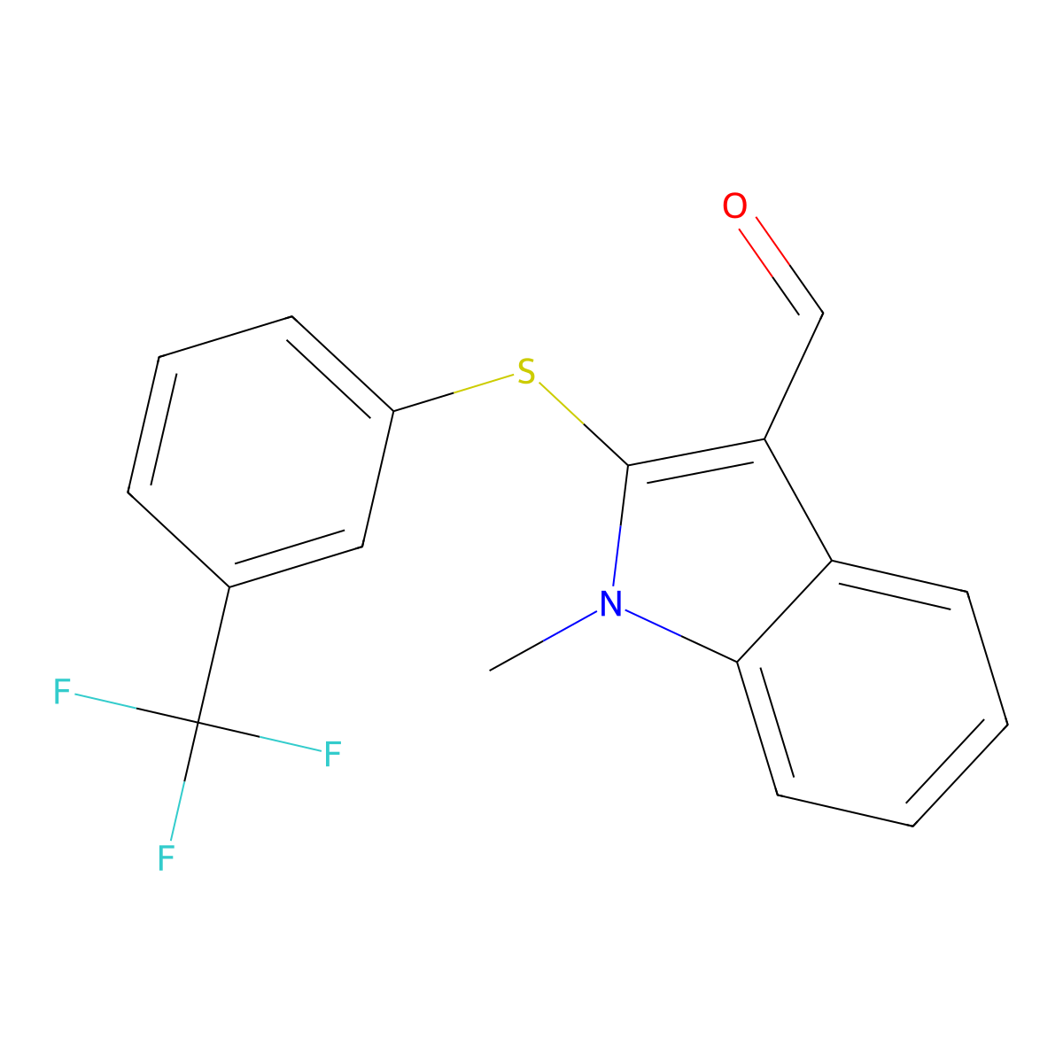 1-Methyl-2-[3-(trifluoromethyl)phenylthio]indole-3-carboxaldehyde molecular structure, CAS 338416-52-7