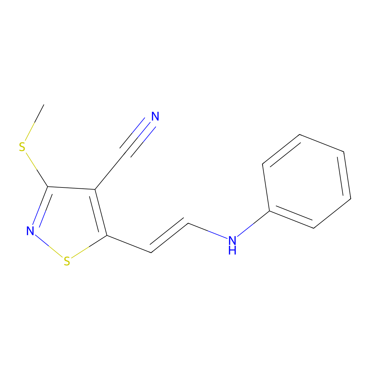 3-(methylsulfanyl)-5-[(E)-2-(phenylamino)ethenyl]-1,2-thiazole-4-carbonitrile molecular structure, CAS 338417-45-1