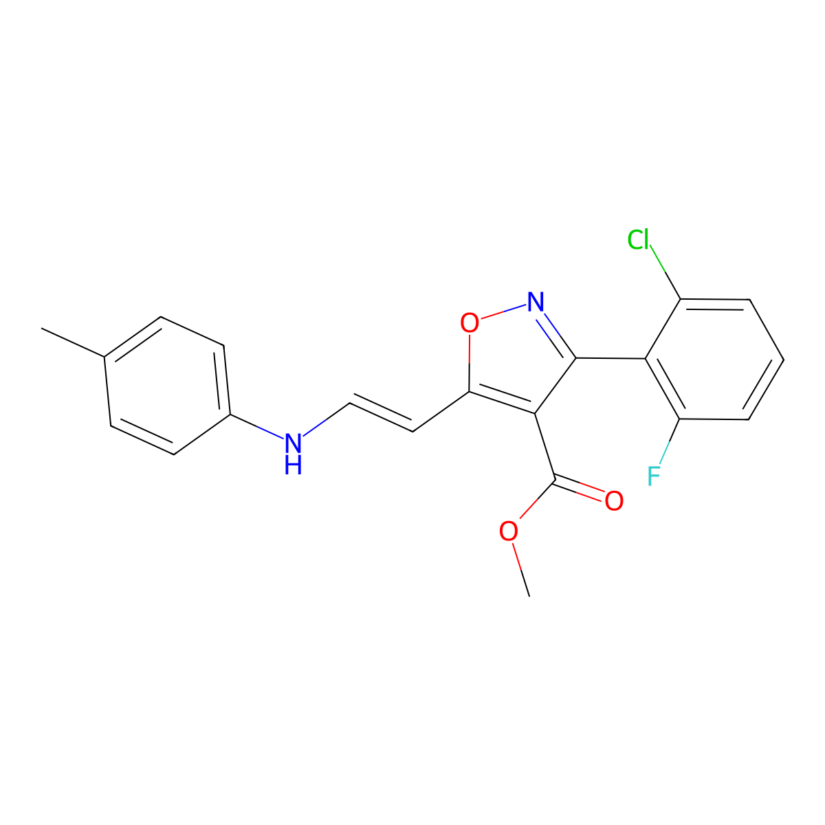 methyl 3-(2-chloro-6-fluorophenyl)-5-[(E)-2-(4-methylanilino)ethenyl]-1,2-oxazole-4-carboxylate molecular structure, CAS 338417-65-5