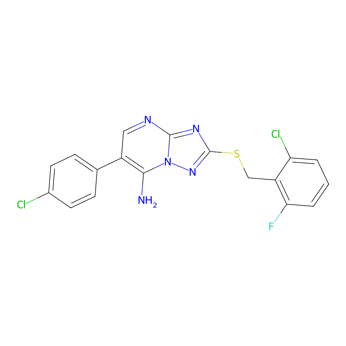 2-[(2-Chloro-6-fluorobenzyl)sulfanyl]-6-(4-chlorophenyl)[1,2,4]triazolo[1,5-a]pyrimidin-7-amine molecular structure, CAS 338417-84-8