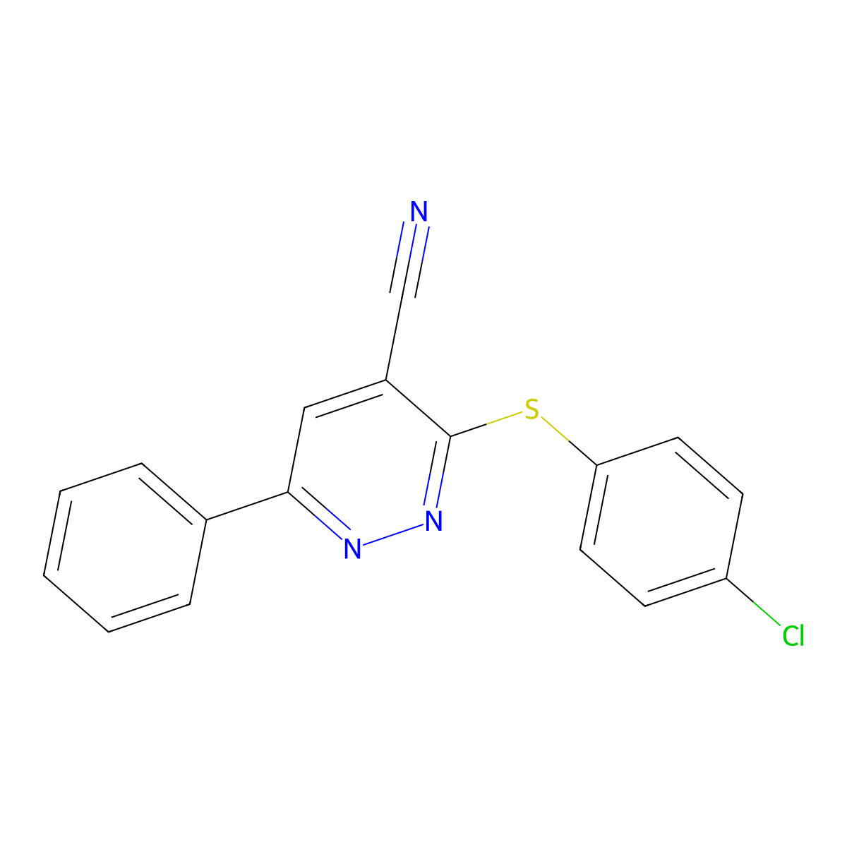 3-[(4-Chlorophenyl)sulfanyl]-6-phenyl-4-pyridazinecarbonitrile molecular structure, CAS 338417-85-9
