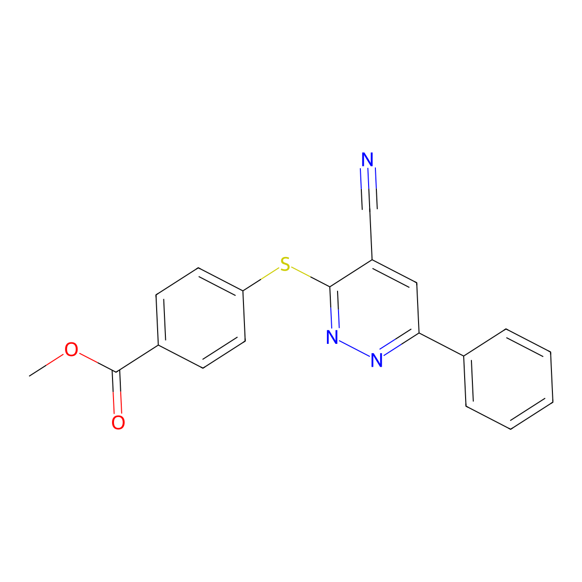 Methyl 4-[(4-cyano-6-phenyl-3-pyridazinyl)sulfanyl]benzenecarboxylate molecular structure, CAS 338417-92-8