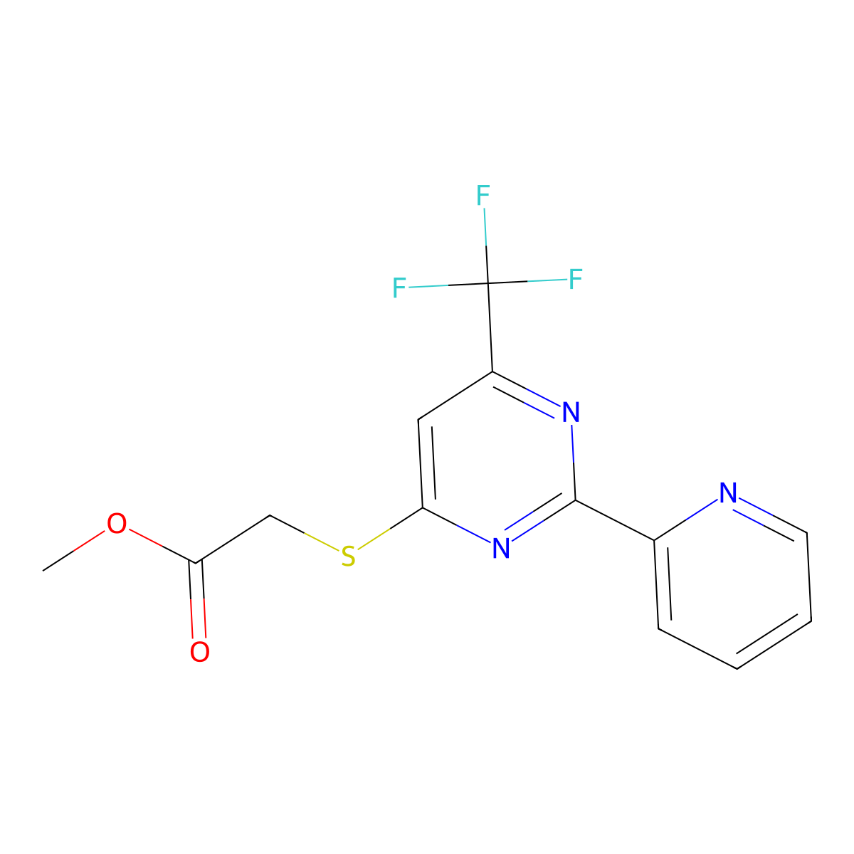 Methyl 2-{[2-(2-pyridinyl)-6-(trifluoromethyl)-4-pyrimidinyl]sulfanyl}acetate molecular structure, CAS 338418-14-7