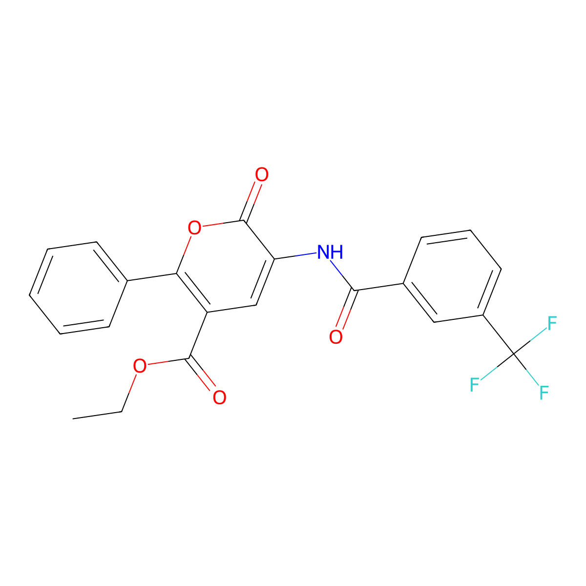Ethyl 6-oxo-2-phenyl-5-[[3-(trifluoromethyl)benzoyl]amino]pyran-3-carboxylate molecular structure, CAS 338418-32-9