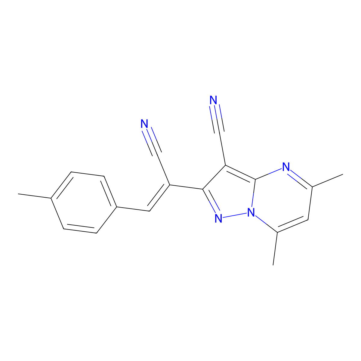 2-[(Z)-1-cyano-2-(4-methylphenyl)ethenyl]-5,7-dimethylpyrazolo[1,5-a]pyrimidine-3-carbonitrile molecular structure, CAS 338418-45-4
